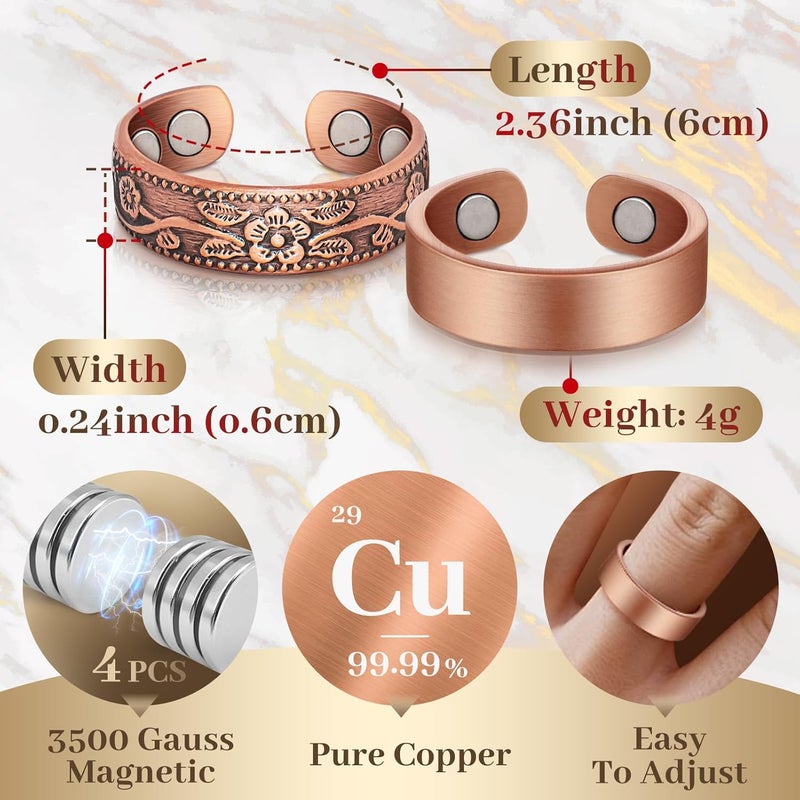 Auramag Copper Rings for Women, Thumb Rings 99.99% Pure Copper Magnetic Rings with 3500 Gauss Magnets, Copper Jewelry Gift Adjustable (2 PCS) - Image 4